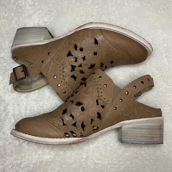 NAUGHTY MONKEY “Ms. Kali” Tan Leather Laser Cut Heeled Mule 6.5 - Picture 8 of 15